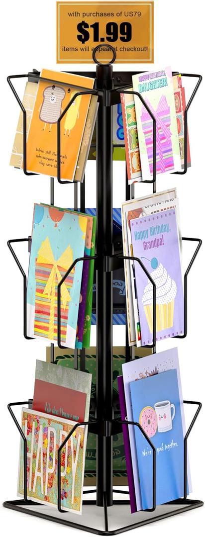 Greeting Card Rack Display Stand, 3 Tier Rotating Card Holder Display Retail, 9 Pocket Metal Postcard Holder Display Stand, Greeting Card Holder for Postcards, Brochures, Stickers, A5 Paper, Black