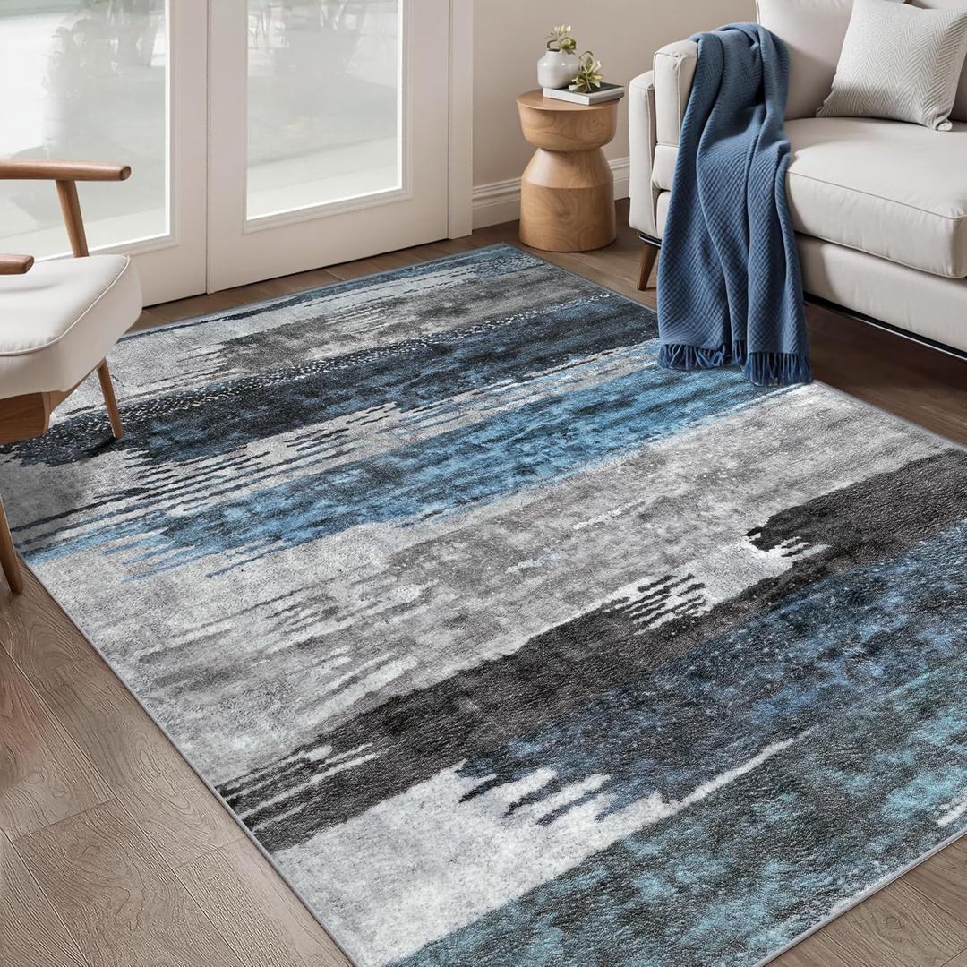 Ciicool Modern Abstract Deep Blue Gray Rug for Living Room, 4'x6' Machine Washable Area Rug Non-Slip Rug, Low-Pile Contemporary Indoor Dining Floor Carpet for Bedroom Office Under Table Home Decor (Navy Grey)