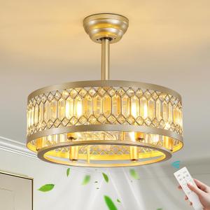 KAISITE Caged Ceiling Fan with Lights 20 Inch Crystal Gold Fandelier Ceiling Fan with Remote Semi-Flush Downrod Bladeless Chandelier Fan Light Ceiling Fixture for Bedroom Kitchen Living Room, Large