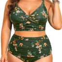 Daci Plus Size Two Piece Swimsuits - Women High Waisted Bikini Tummy Control Bathing Suits Knot Twist Swimwear 2025 Green Floral, 14W