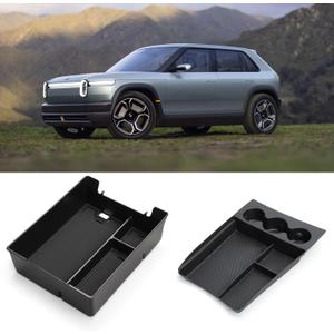 Tressiche Lower Center Console Organizer Tray with Drink Cup Holder and Armrest Storage Box for Rivian R1T/R1S 2024 2023 2022 Console Storage Box Interior Accessories-2 Pack