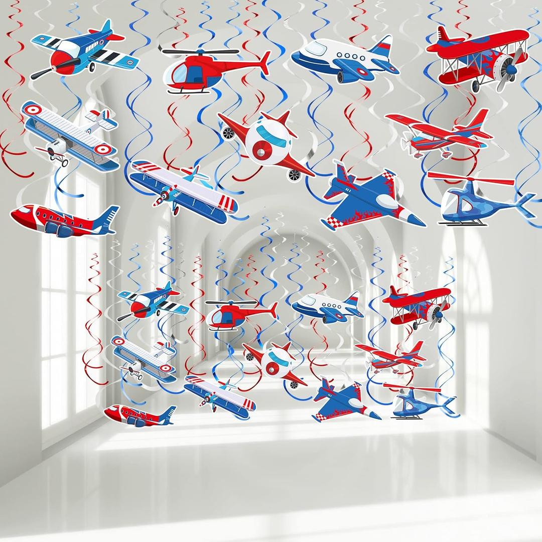 30 Pieces Airplane Hanging Swirls Decoration Airplane Party Supplies Plane Foil Swirls Whirls Ceiling Whirls Hanging Spiral Streamers for Plane Theme Baby Shower Birthday Party Favors