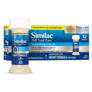 Similac 360 Total Care Infant Formula, Has 5 HMO Prebiotics, Our Closest Prebiotic Blend to Breast Milk, Non-GMO, Baby Formula, Ready to Feed, 2-fl-oz Bottle, Pack of 12