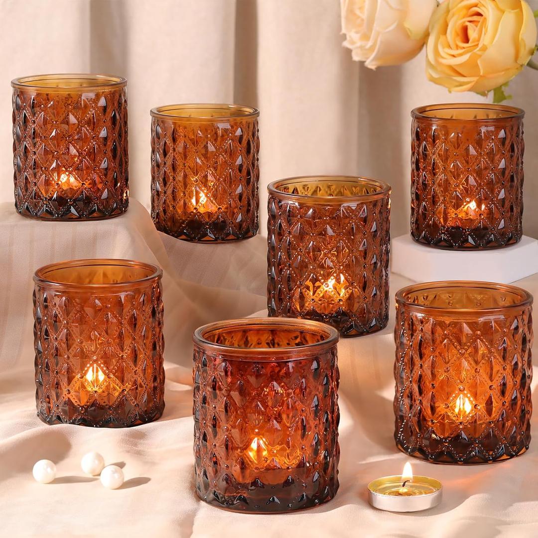 8Pcs Large Votive Candle Holders Amber Tea Light Candle Holders Glass Candle Holder for Wedding, Bridal Shower,Table Centerpiece,Party, Home Decor, Fall Decor
