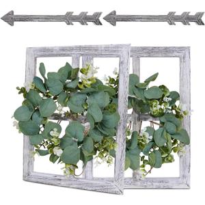 Rustic Wood Window Frame with Green Wreath and Arrows Wall DecorFarmhouse Window Frame Hanging Decor, Wooden Fake Decoration,Window Pane Wall Decor,Set of 2 (White)