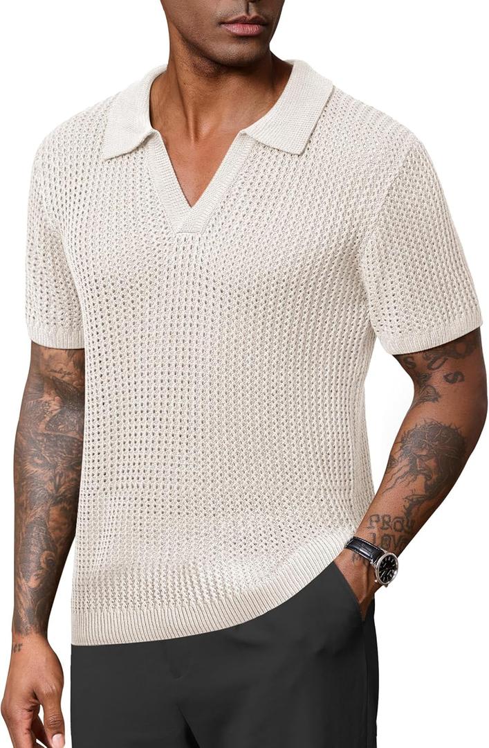 VOGSTART Mens Johnny Collar Polo Shirts Crochet Hollow Out Summer Casual Shirt (S-XXL) (Medium, White)