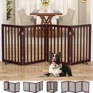 Homykic Bamboo Freestanding Dog Gate, No Assembly Pet Gate Indoor, 24H x 75W Extra Wide Foldable Puppy Fence with Support Feet for the House, Doorways Stairs, 4 Panels, No Drilling, Espresso