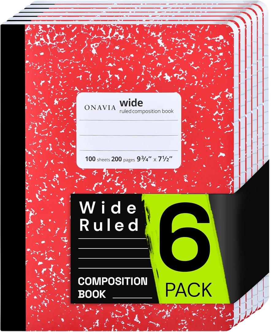 Composition Notebook Wide Ruled 6 Pack, 200 Pages (100 Sheets), 9-3/4 x 7-1/2, Marble Composition Books Bulk, Notebooks for School, Work, Office, Durable Comp Book, School Supplies, Red