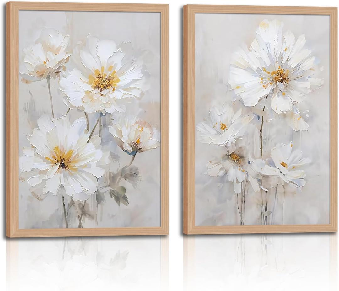 2pcs Framed Modern White Daisy Floral Wall Art -Watercolor Natural Beige Wildflower Canvas Painting -Elegant And Gentle Floral And Plant Artfor Living Room, Bedroom, Office Decor16x24in
