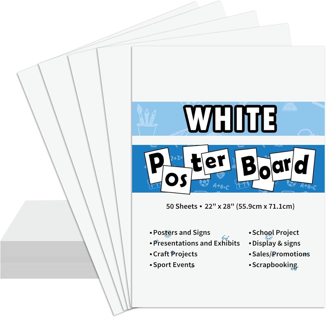 pmybupo 50PCS White Poster Board 22"X28",Value Poster Board for School Craft Project Presentation Drawing Graphic Display,Bulk Board