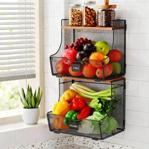 Honeydak 2 Pack Stackable Fruit Basket with Lid and Label Plate, Wall Mounted or Kitchen Countertop Metal Wire Storage for Onion, Potato, Vegetable & Produce Organizer