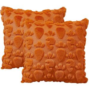 Easter Throw Pillow Covers 18x18 Set of 2, Easter Decorations, Soft Plush Faux Fur Jacquard Carrot Throw Pillow Covers for Bedroom Sofa Couch, Orange Pillow Cases, Home Decor