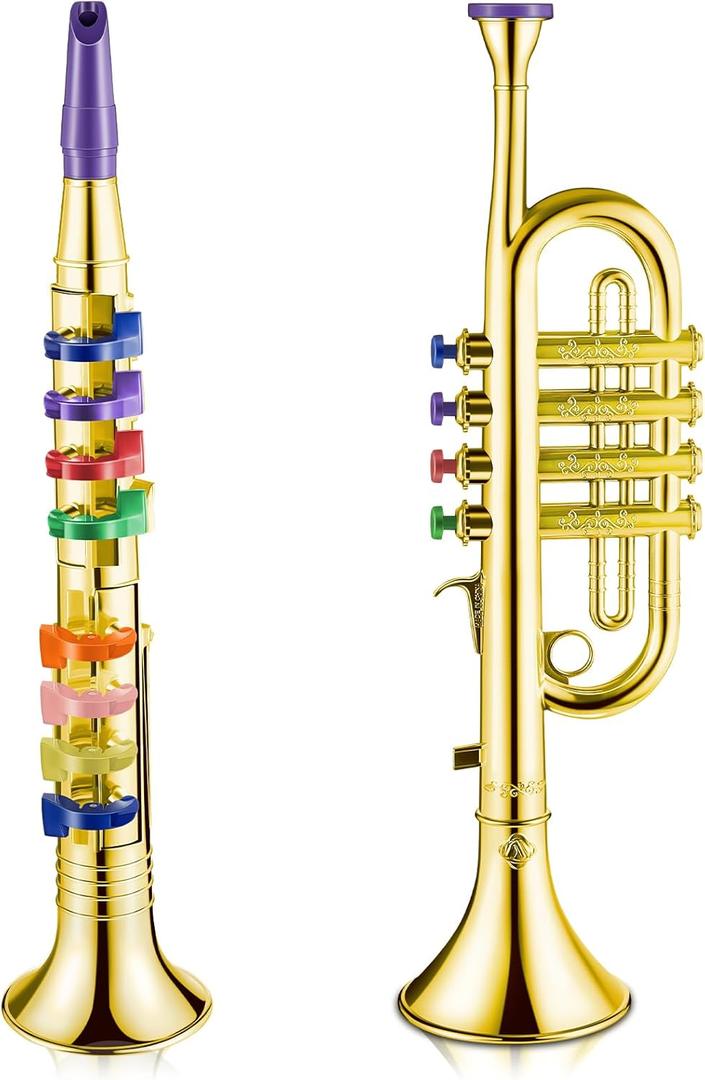 Amylove Set of 2 Musical Instruments Including Toy Clarinet and Trumpet, Plastic, Portable, 8 Colored Keys Early Educational Toys for Musical Gifts(Gold)