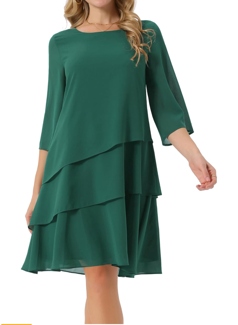 Seta T Women's Chiffon Dresses 3/4 Bell Sleeve Crewneck Tiered Layered Flowy Dress Party Wedding Outfits XL Dark 