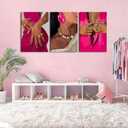 3Pcs Pink Black Woman Canvas Wall Art Trendy Black Girl Painting Picture Wall Decor African American Poster Print Artwork For Living Room Bedroom Home Decoration