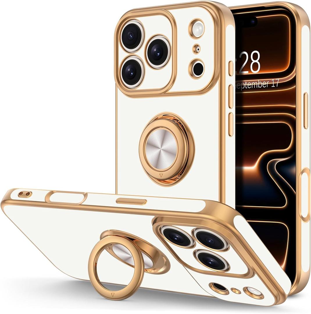 Hython for iPhone 17 Pro Max Case with Ring Stand, 360 Rotatable Ring Holder Magnetic Kickstand, Plating Rose Gold Edge Soft Cover Protective Phone Case for iPhone 17 Pro Max 6.9", White