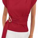 PRETTYGARDEN Women Blouses Spring Dressy Cap Sleeve Mock Neck Work Shirts Buckle Tunic Summer Business Casual Tops 2026 (Large, Red)