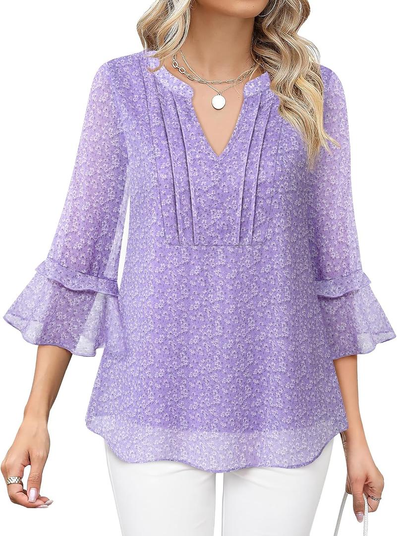 Furnex Womens 3/4 Sleeve Tops Dressy Casual Elegant Blouses V Neck Shirts Floral Double Layered Chiffon Tunic (XL)