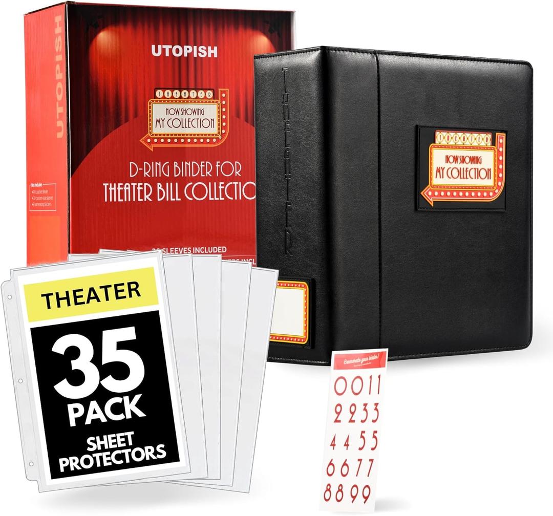 UTOPISH Show-Bill Binder with Sleeves  Large 4 Theater Program Holder with 35 Sheet Protectors and Numbering Stickers Included - Broadway Gift with Full-Color Logo and Numbering Panel