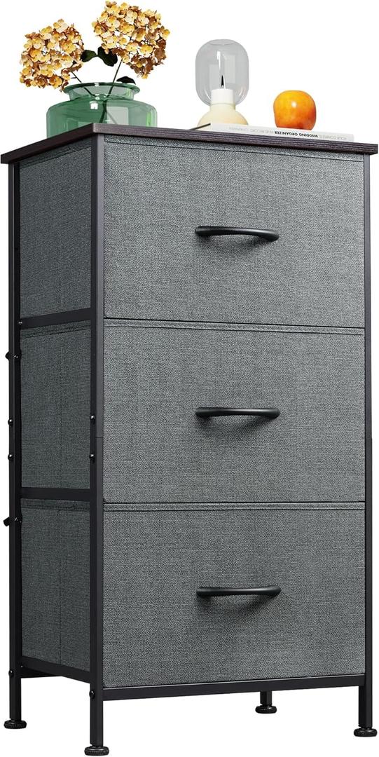 WLIVE Dresser with 3 Drawers, Fabric Nightstand, Organizer Unit, Storage Dresser for Bedroom, Hallway, Entryway, Closets, Sturdy Steel Frame, Wood Top, Easy Pull Handle, Dark Grey