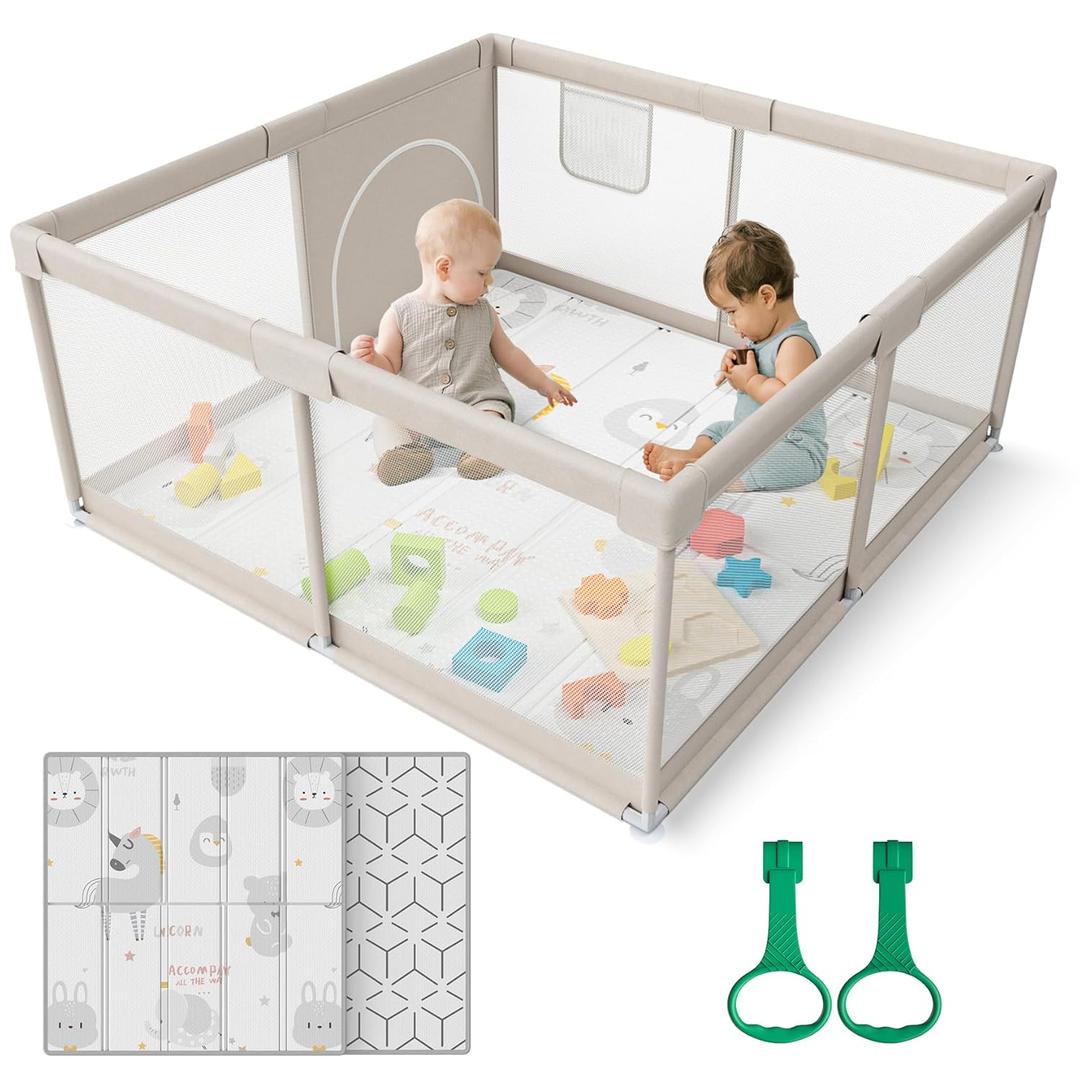 ZEEBABA Baby Playpen with Mat, 47x47inch Playpen for Babies and Toddlers, Small Baby Play Pens, Play Yard for Infants with 47" Play Mat, Playard with Gate