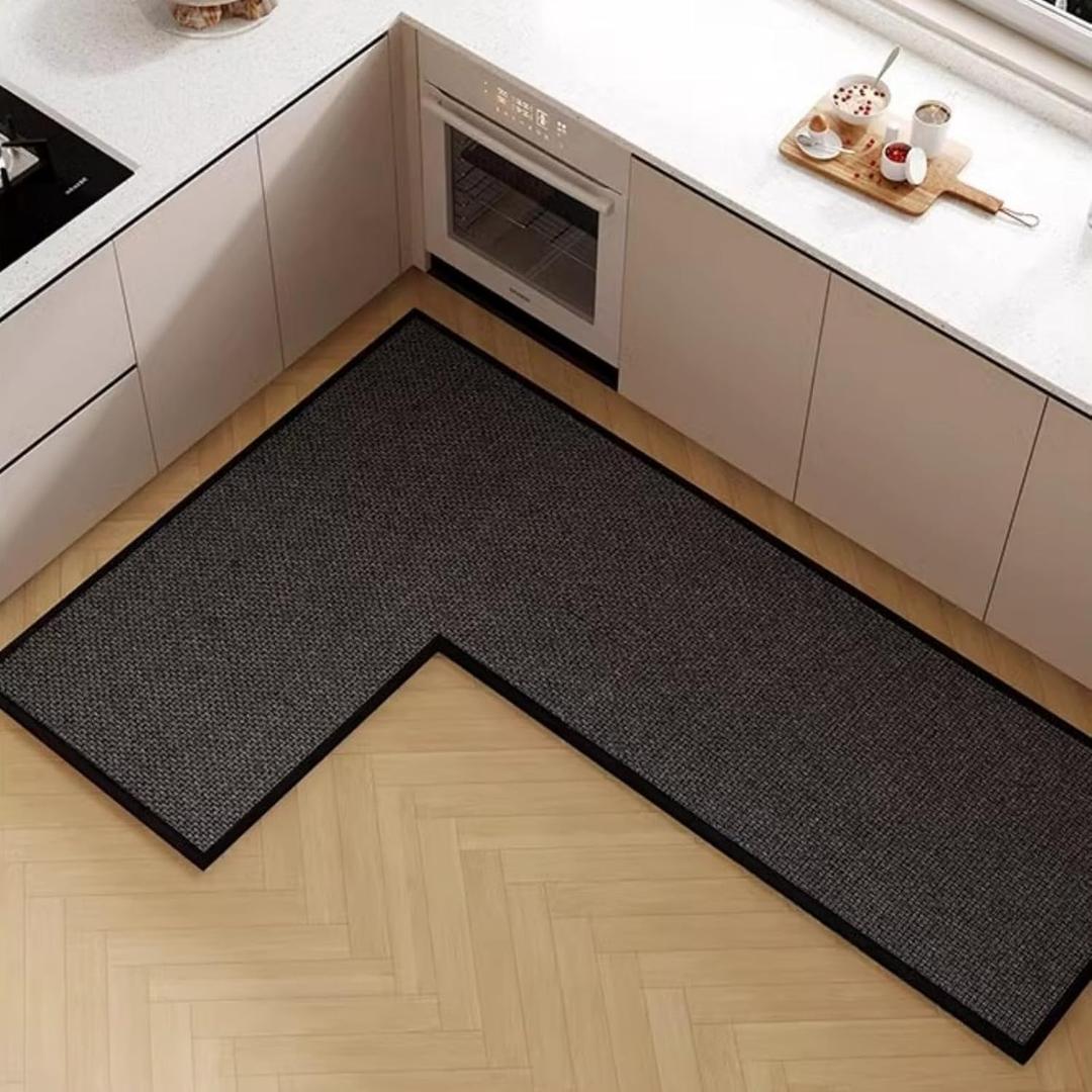 L Shape Kitchen Mat, Anti-slip Corner Kitchen Mats for Floor, 1 Piece L Shape Rug, Absorbent Runner in Front of Sink, Washable Floor Rugs for Home,Kitchen,Office(Black/Grey Right-L,6'7" x 4'7" )