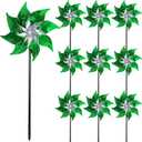 Hausse 10 Pack Reflective Pinwheels Holiday Decor, Extra Sparkly Wind Sculptures for St. Patrick's Day Decorations Party Supplies, Deterrent to Scare Birds Away from Garden Yard Patio Farm, Green