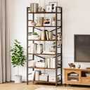 Homeiju 6 Tier Bookshelf, Industrial Bookcase with 8 Hooks, Vintage Storage Rack with Open Shelves, Rustic Standing Bookshelves Metal Frame Display Rack for Living Room, Bedroom, Rustic Brown