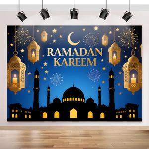 Ramadan Mubarak Backdrop 70.8x43.3 inch, for Muslim Ramadan Kareem Party Decorations, Eid Mubarak Sign Photo Booth for Home Muslim Eid Al Fitr Party (Black and Blue)