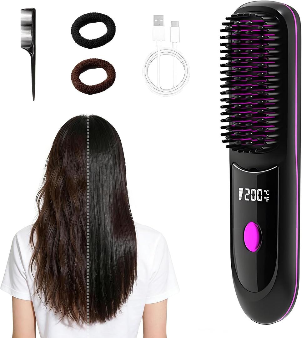 Mini Straightener & Curler, Cordless 2-in-1 Travel Hair Brush with Fast 20s Heat, 3 Temp Settings, USB-C, Lightweight for Everyone