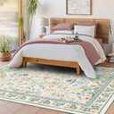 Washable Floral Area Rug 5'7' Beige Green Pink Boho Large Living Room Rug Non-Slip Soft Colorful Oriental Vintage Bedroom Carpet Dining Room Nursery Home Office Indoor Decor