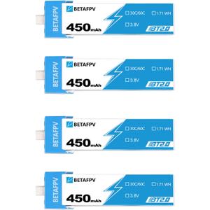 BETAFPV 4pcs BT2.0 450mAh 1S Battery 3.8V 30C Lipo Battery with BT2.0 Connector Compatible for 1S Tiny Whoop Drone Quadcopter Like Meteor75, Cetus Pro FPV Kit, Cetus X FPV Kit
