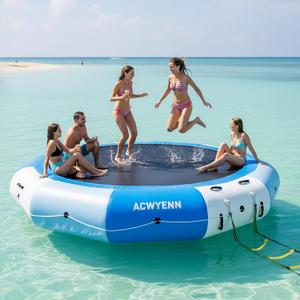 15FT Inflatable Water Trampoline for Lake Without Pump Blue | Floating Water Trampoline with Rope Ladder and Mooring Ropes