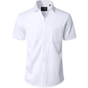 J.VER Mens Short Sleeve Dress Shirts Solid Wrinkle Free Casual Button Down Shirt with Pocket (White, XL)