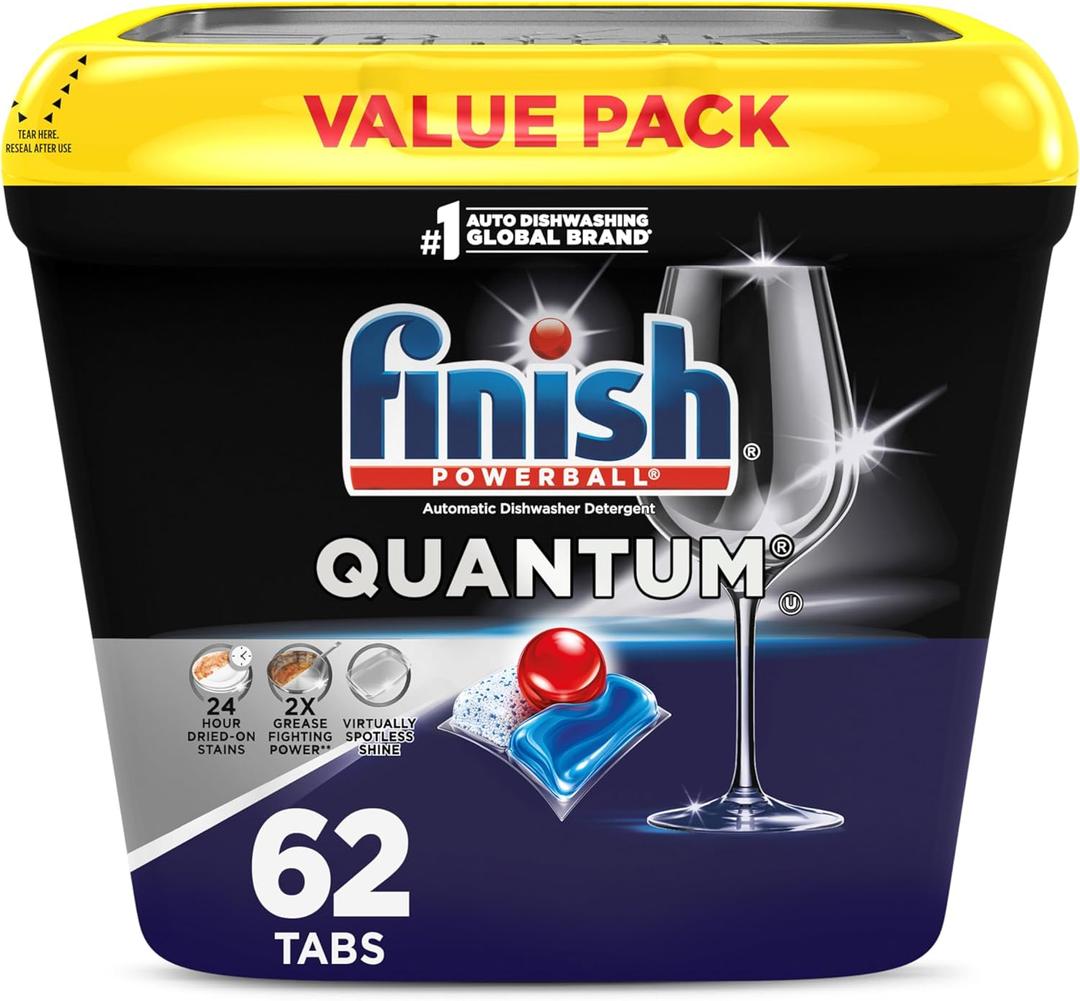 Finish Quantum Dishwasher Pods, No Pre-Rinse Dishwasher Detergent Soap Removes 24HR Dried-On Stain and Grease, Leaving a Virtually Spotless Shine, 62 Count