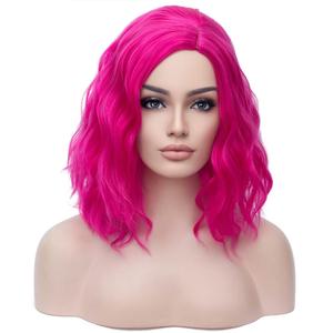 BERON Pink 14" Wigs for Women Girls Short Curly Bob Wavy Wig Hot Pink Color Body Wave Halloween Cosplay Daily Party Wigs