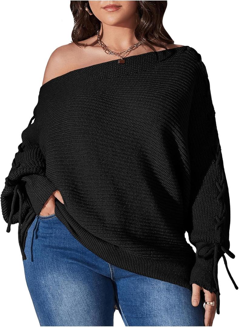 SOLY HUX Women's Plus Size Sweater Off Shoulder Lace Up Long Sleeve Asymmetrical Neck Pullover Top (XX-Large Plus, Plain Black)