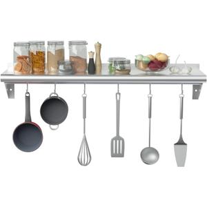 Treshin Stainless Steel Shelf with 6 Hooks 14 x 48 Inches, Commercial Wall Mount Floating Shelving Storage Pot Rack for Restaurant, Kitchen, Home, Bar and Hotel