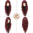 MINSEEYOO Burgundy Wig with Bangs for Women Long Burgundy Wavy Wigs 26 Inch Dark Red Wigs Natural Looking Heat Resistant Synthetic Wig for Daily Party Use