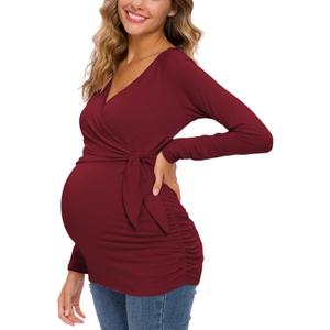 Love2Mi Maternity Shirts Long Sleeve Wrap Tie Front Side Ruched Maternity Tee Top Pregnancy Clothes Wine Red (XL)