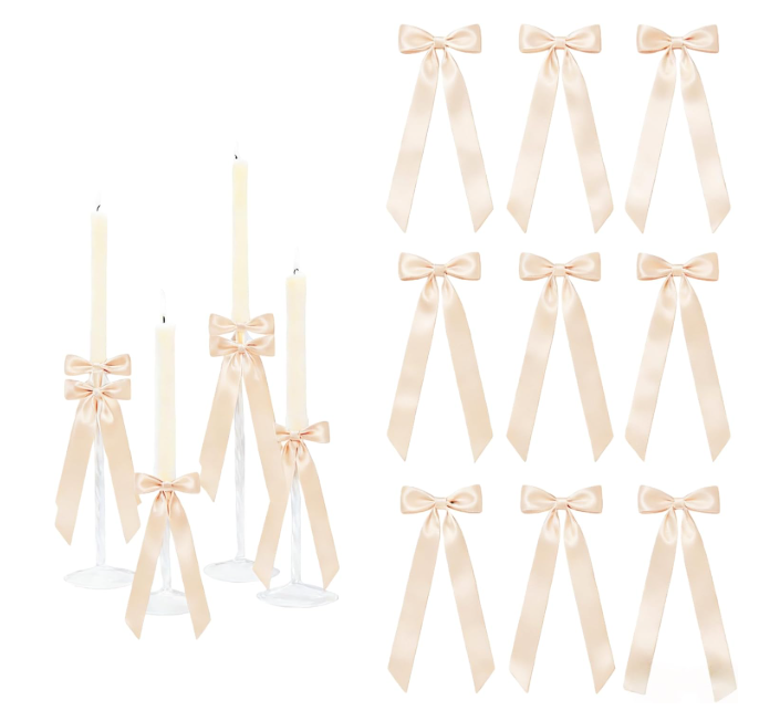 Meseey 12 Pcs 13.5 Inch Giant Satin Ribbon Bows Bulk Self-Adhesive Pre-Made Bows for Christmas Wedding Baby Shower Party Decor Table Centerpieces Candle Holders Gift Wrapping (Champagne)