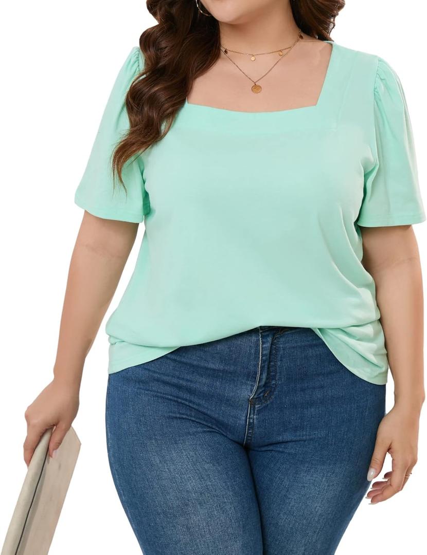 Womens Plus Size Tops Square Neck Puff Short Sleeve Loose Fit Casual Solid Summer Tee T Shirts (1X-5X)