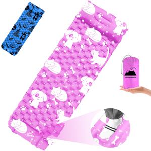 Inflatable Sleeping pad for Kids, Toddler and Youth | Air Mattress w Built-in Pump, 55 Ultralight Sleeping Mat with Pillow for Camping, Sleepovers & Travel | Airpad, Kids Cot, Camping Mattress -Pink