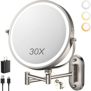 ZLOKLA 9" Wall Mounted Lighted Makeup Mirror,4000mAh Rechargeable Double Sided 1X/30X Magnifying Mirror with Light,Touch Dimmable,Extended Arm 360 Rotation Wall Mounted Makeup Mirror 3 Color Lights-N