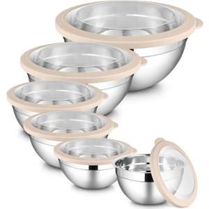 LIANYU 6 PCS Large Mixing Bowls with Visible Lids Set, Size 7, 3.5, 2.5, 2, 1.5, 1QT, Stainless Steel Kitchen Metal Nesting Bowls for Cooking, Baking, Serving, Freezer & Dishwasher Safe, Khaki