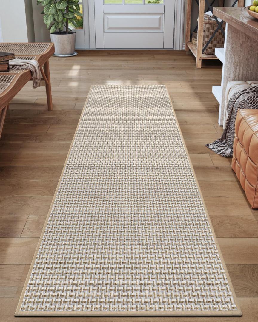 DEXI Thin Hallway Runner Rug 2x7, Non Slip Entryway Rugs, Beige White, 24" X 84"