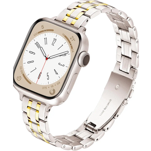Slim Metal Band for Apple Watch Bands for Women 44mm 45mm 46mm 49 42mm(S3) iWatch Bands, Stainless Steel Thin Dressy Strap for Apple Watch Band Series 11 10 9 8 SE 7 6 5 4 3-Starlight+Gold