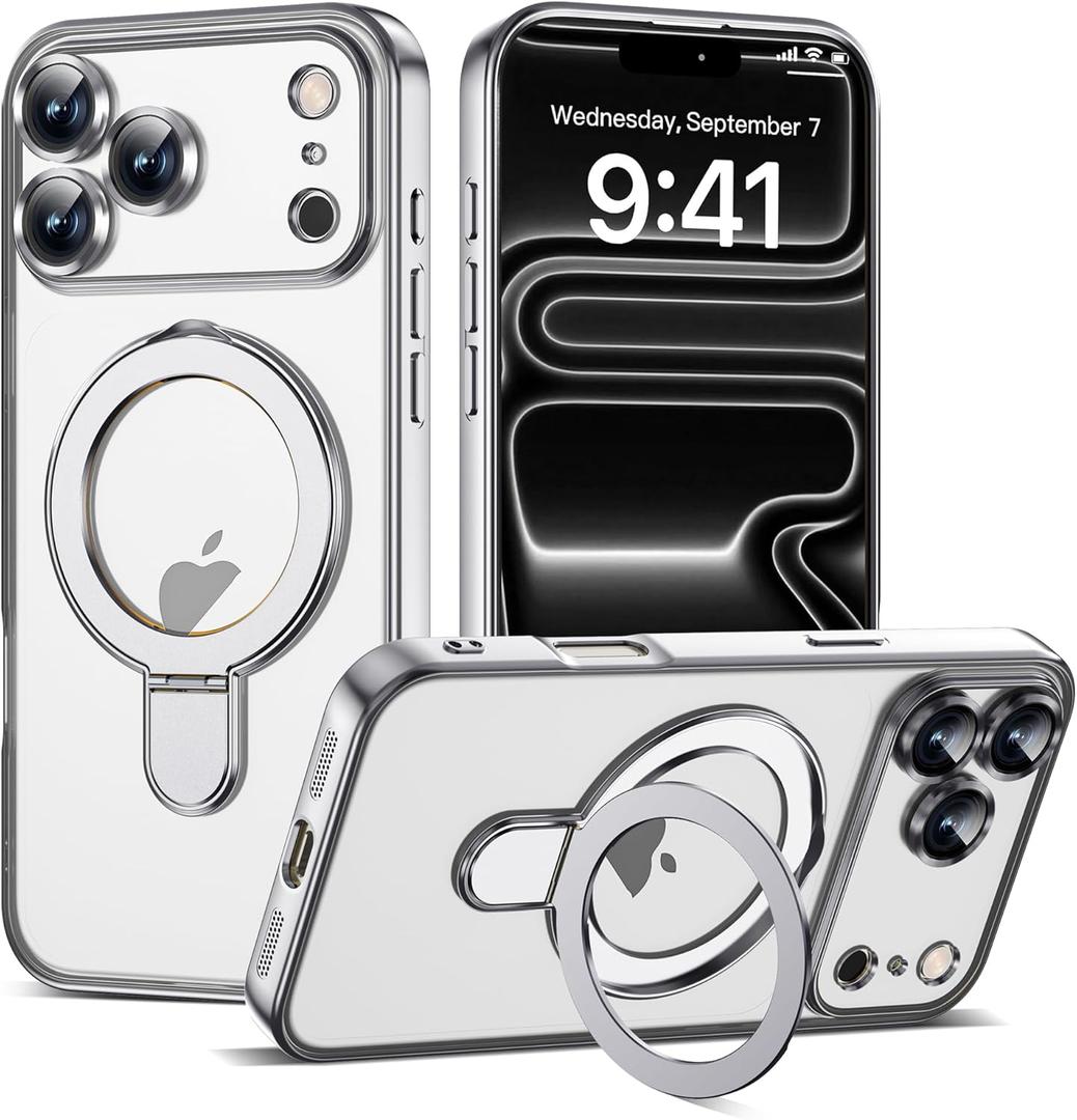 Compatible with iPhone 17 Pro Case with Invisible Magnetic Ring Stand [Compatible with Mag-Safe] [Full Camera Lens Protector] Plating Clear Phone Case for iPhone 17 Pro 6.3", Silver