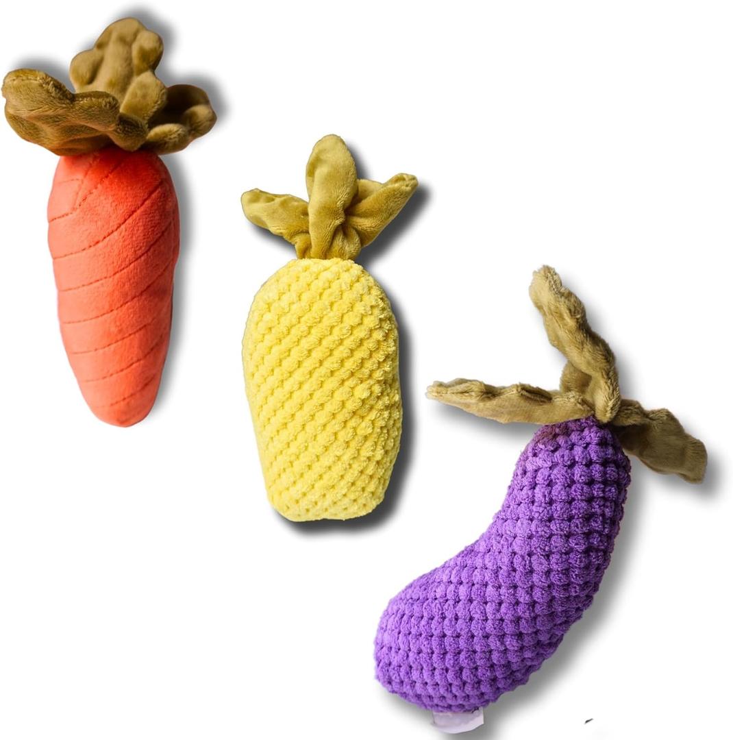3 Pack Squeaky Toy Dog Plush Toy Set for Puppies Medium Large Dog Washable Self-Entertainment (Vege Style Pineapple Carrot Eggplant)