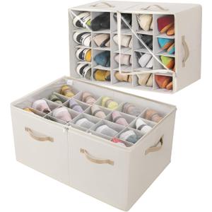 Shoe Organizer for Closet 2 Pack, Foldable Shoe Box with Adjustable Divider and Clear Cover, Space Saving Shoe Storage Organizer Cabinet with Reinforced Handles, Fits 40 Pair, Beige, TP11Y (Extra Large(26.5''L x 16.54''W x 13'H))